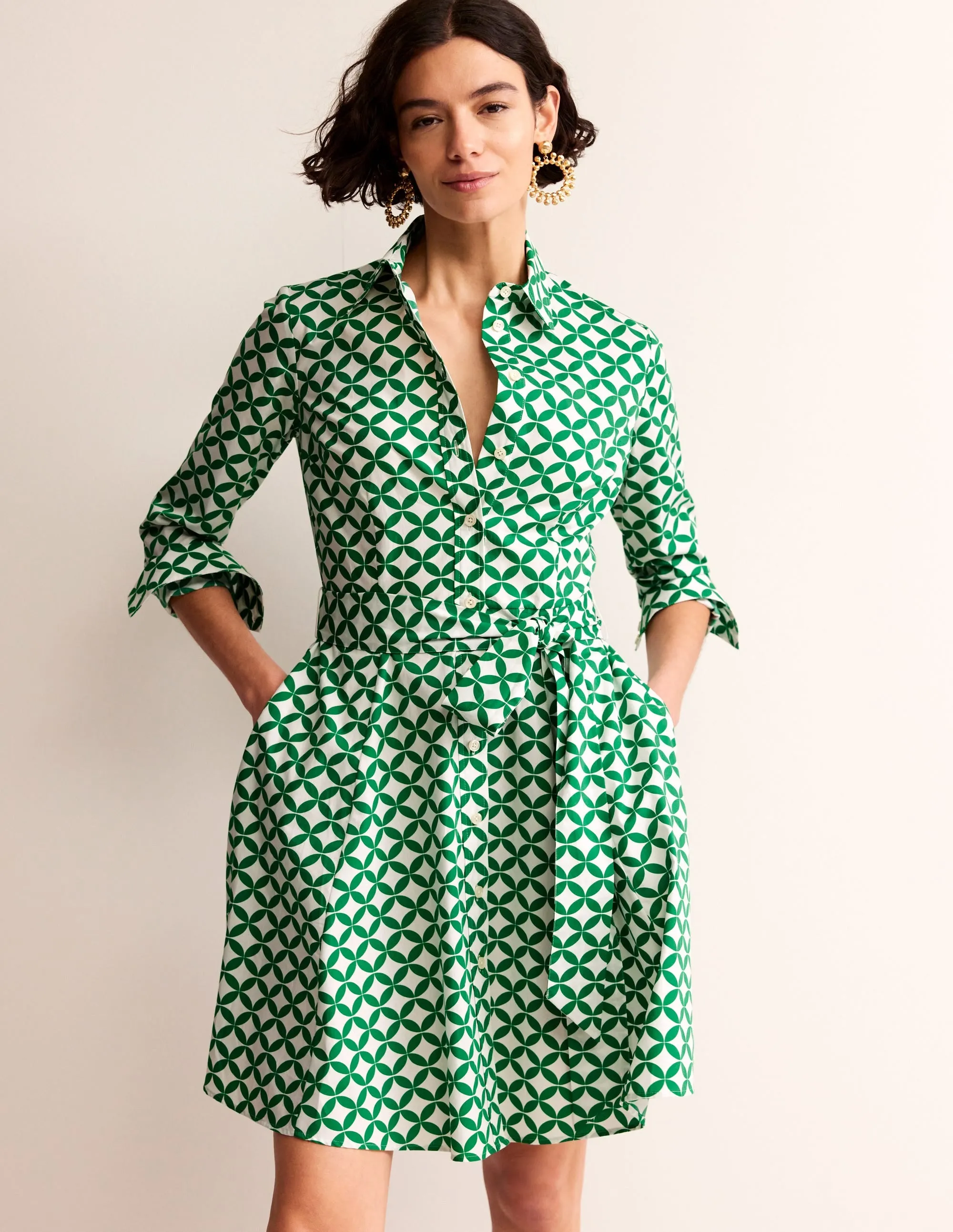 Amy Cotton Short Shirt Dress-Green, Diamond Terrace