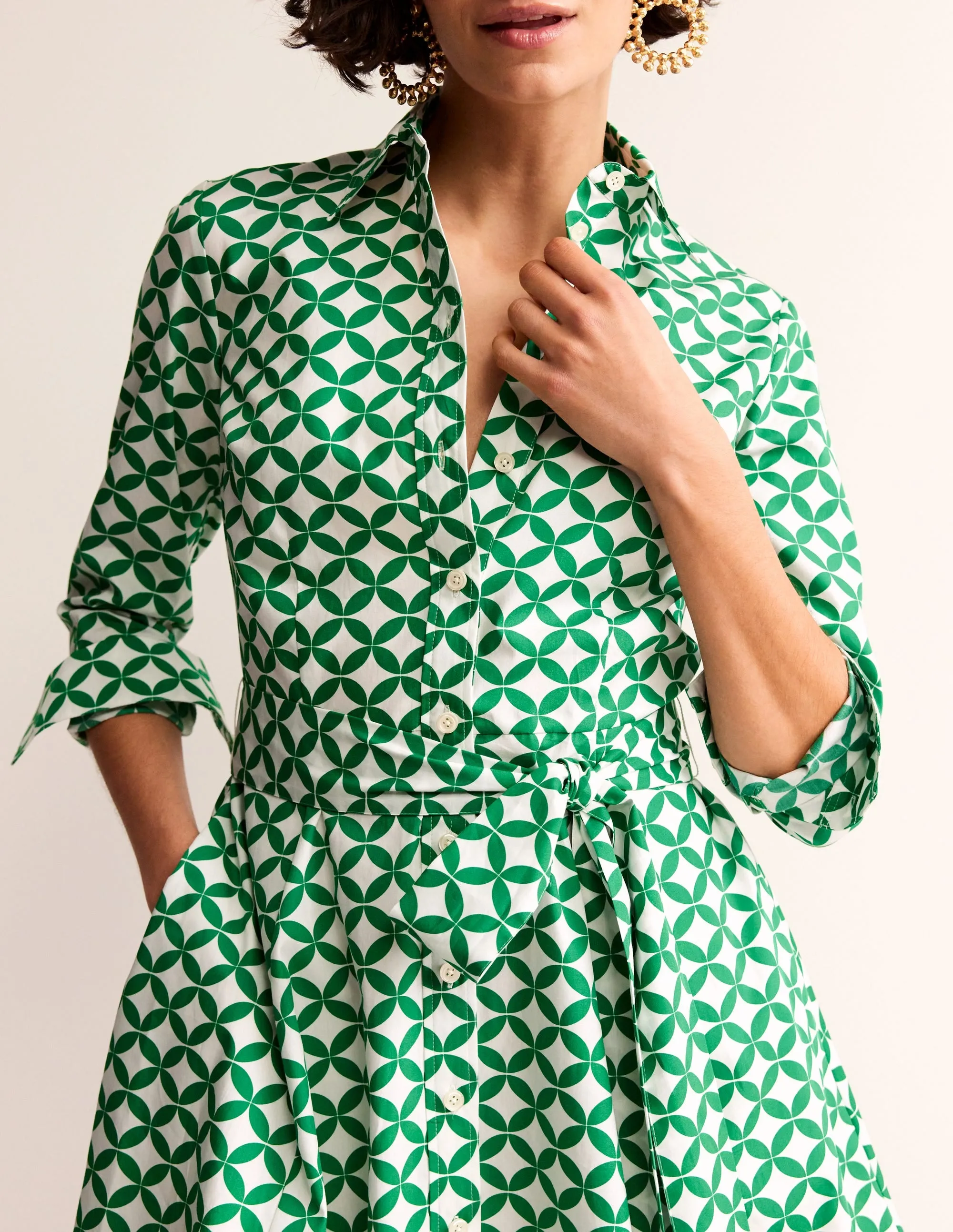 Amy Cotton Short Shirt Dress-Green, Diamond Terrace
