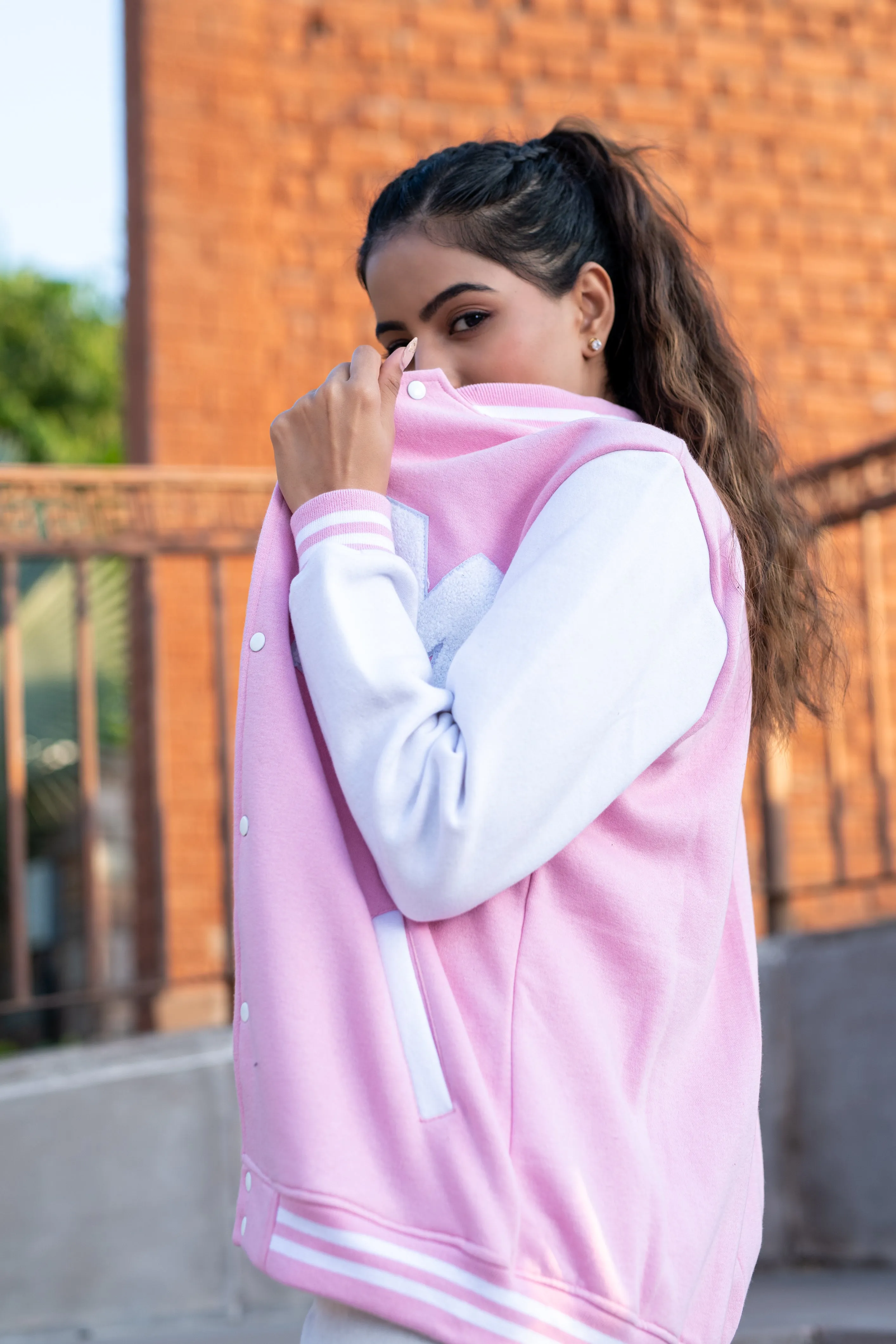 Baby Pink M Varsity Jacket For Women