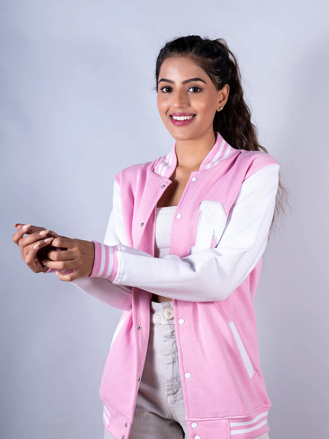 Baby Pink M Varsity Jacket For Women