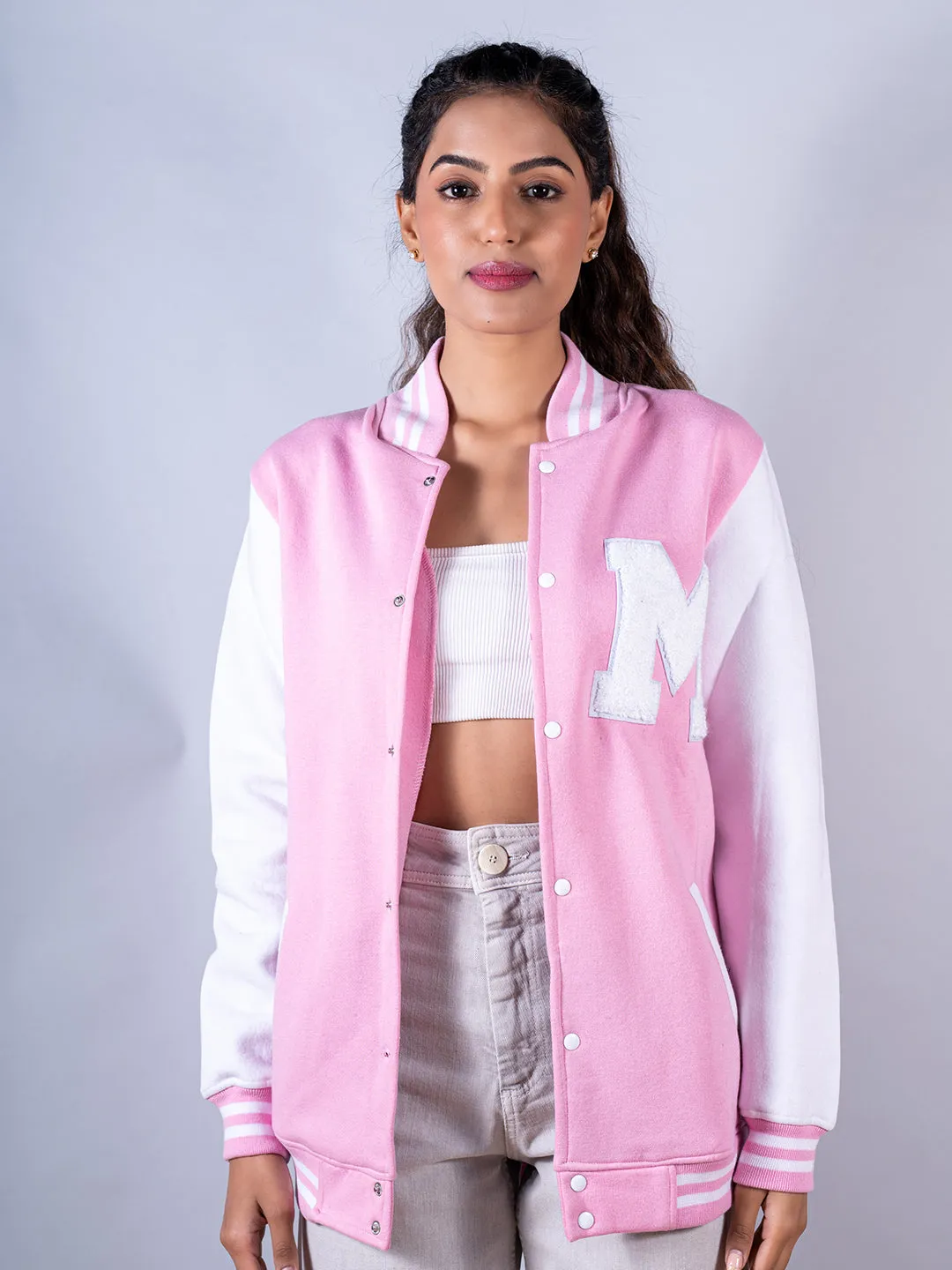 Baby Pink M Varsity Jacket For Women