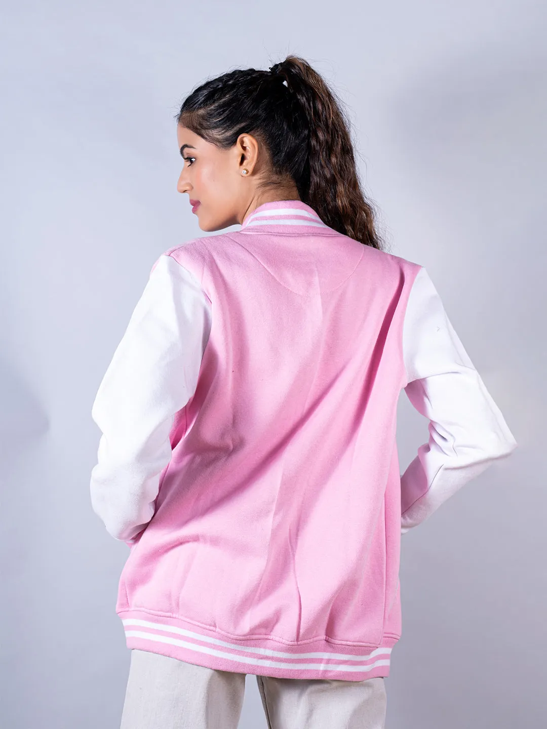 Baby Pink M Varsity Jacket For Women