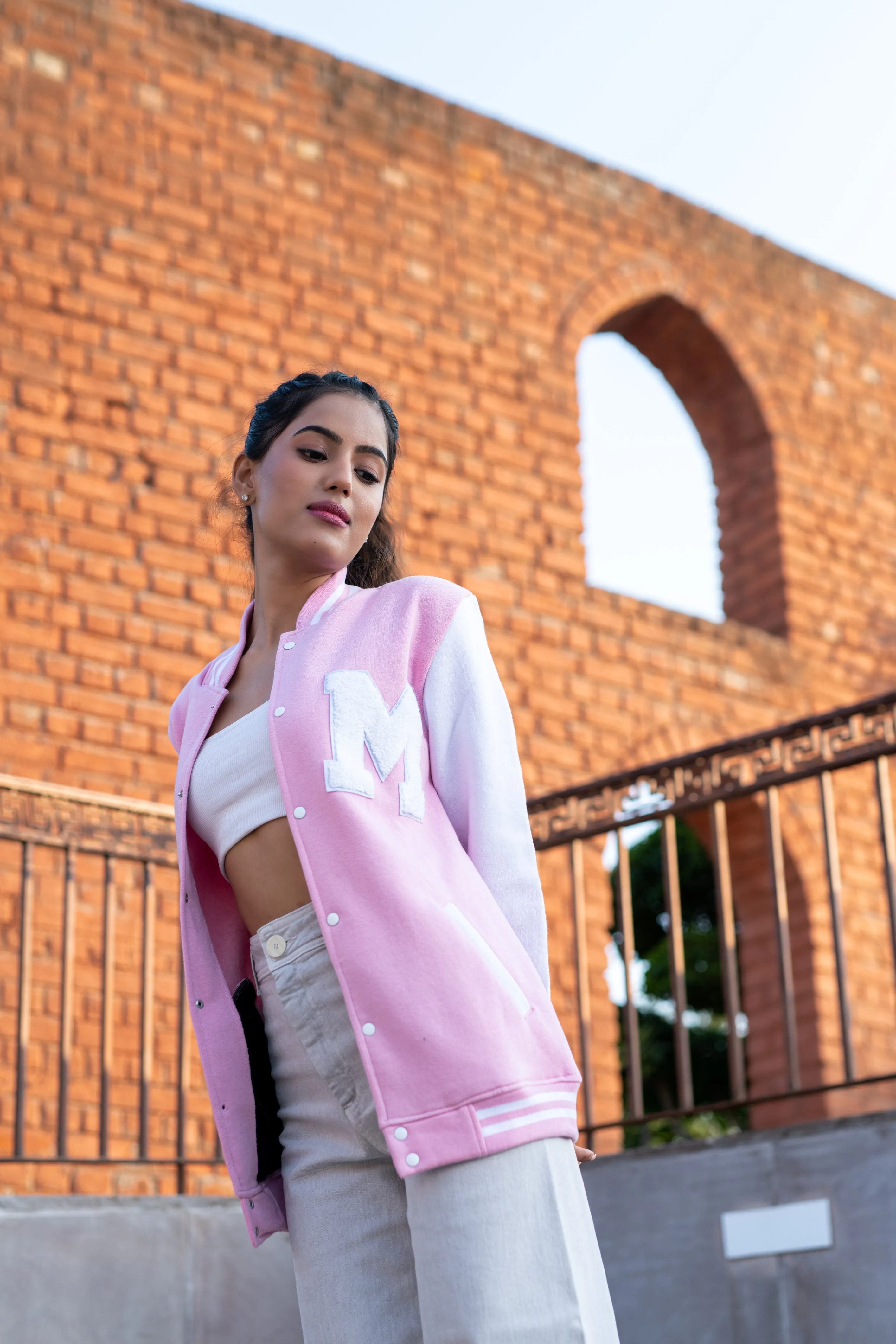 Baby Pink M Varsity Jacket For Women