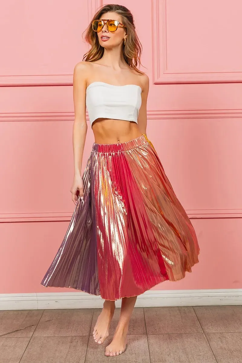 BiBi Metallic Color Block Pleats Midi Skirt
