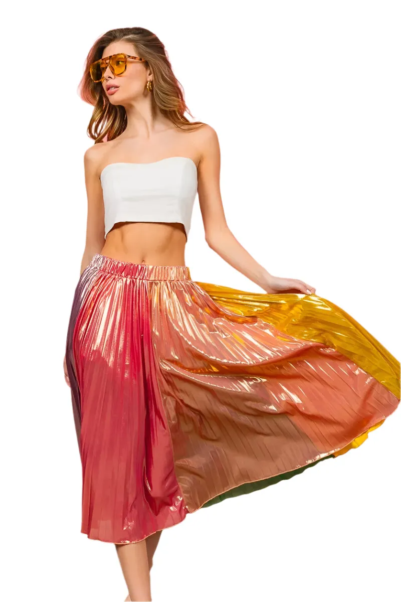 BiBi Metallic Color Block Pleats Midi Skirt