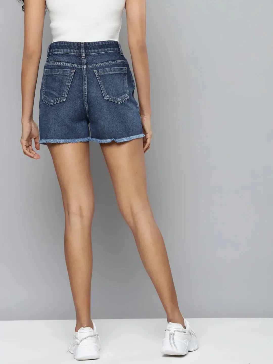 Blue Denim White Heart Print Shorts