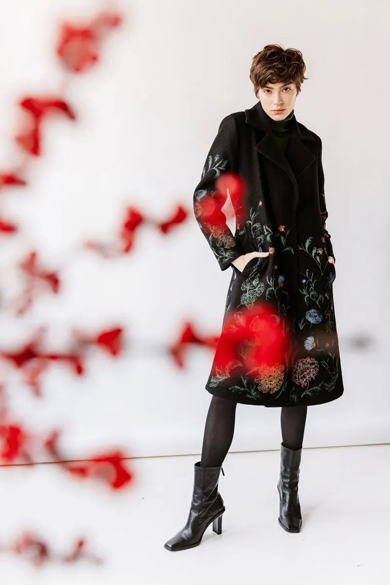 Boiled Wool Coat with Embroidery - Black