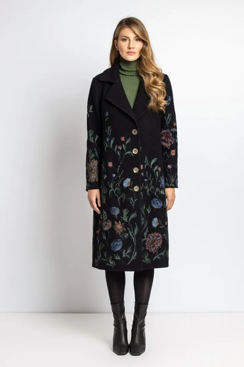 Boiled Wool Coat with Embroidery - Black