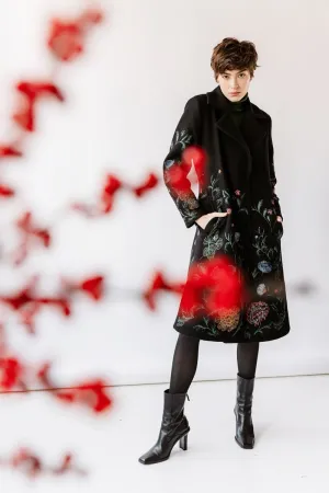 Boiled Wool Coat with Embroidery - Black