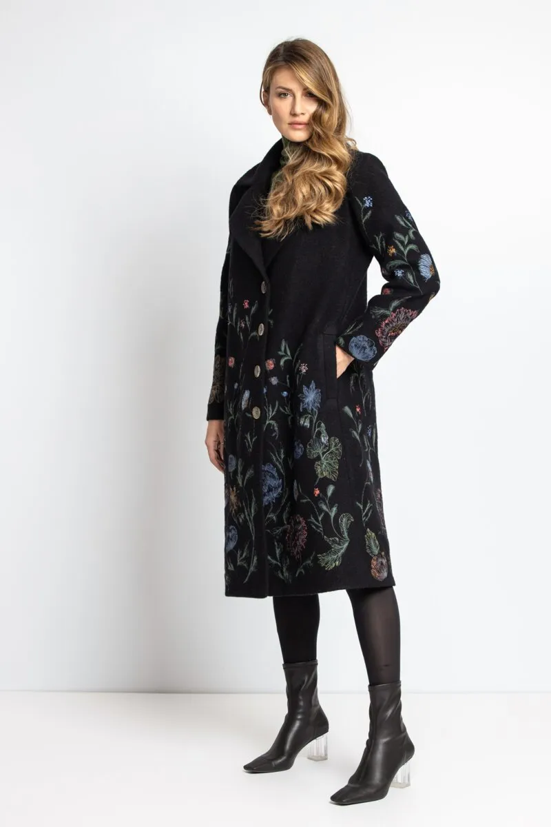 Boiled Wool Coat with Embroidery - Black
