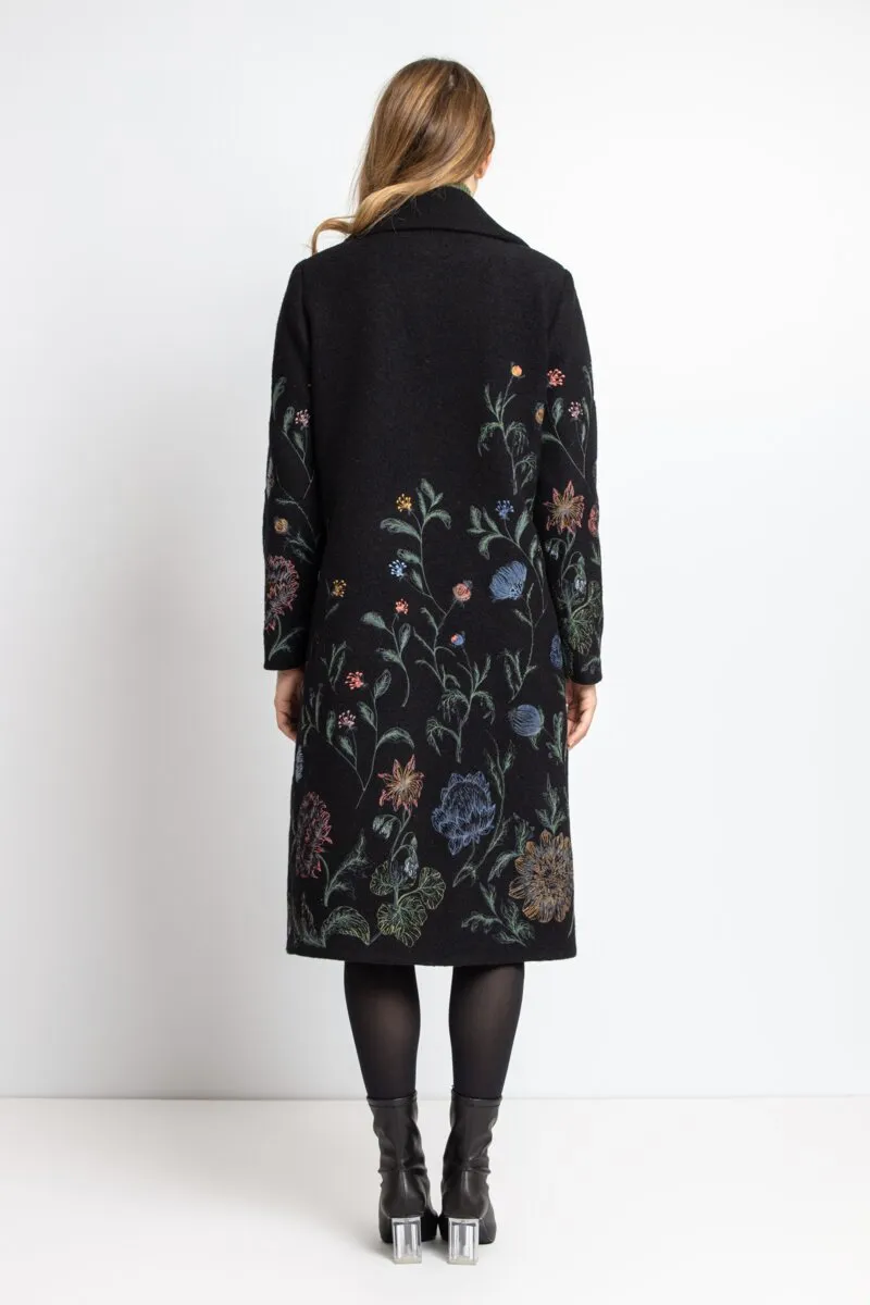 Boiled Wool Coat with Embroidery - Black