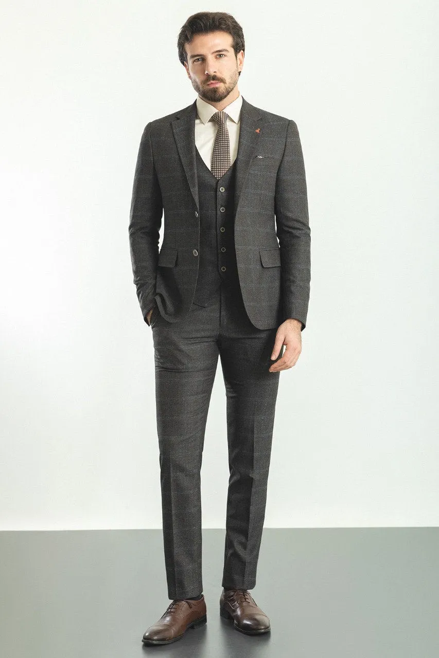 Brabion Rocco Coffee Blue Slim Fit Notch Lapel 3 Piece Check Plaid Suit