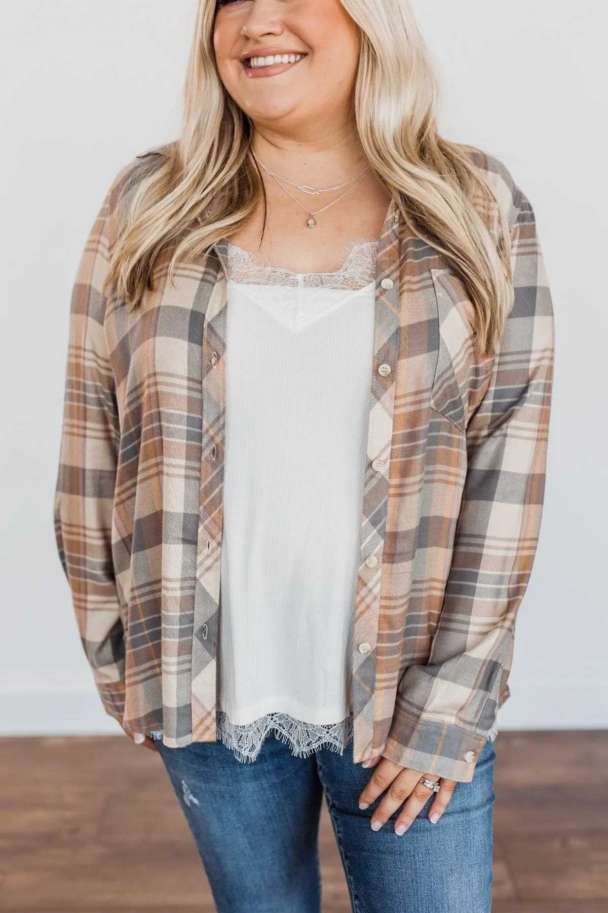 Bushels Of Fun Button Down Plaid Top- Oatmeal, Grey, & Camel
