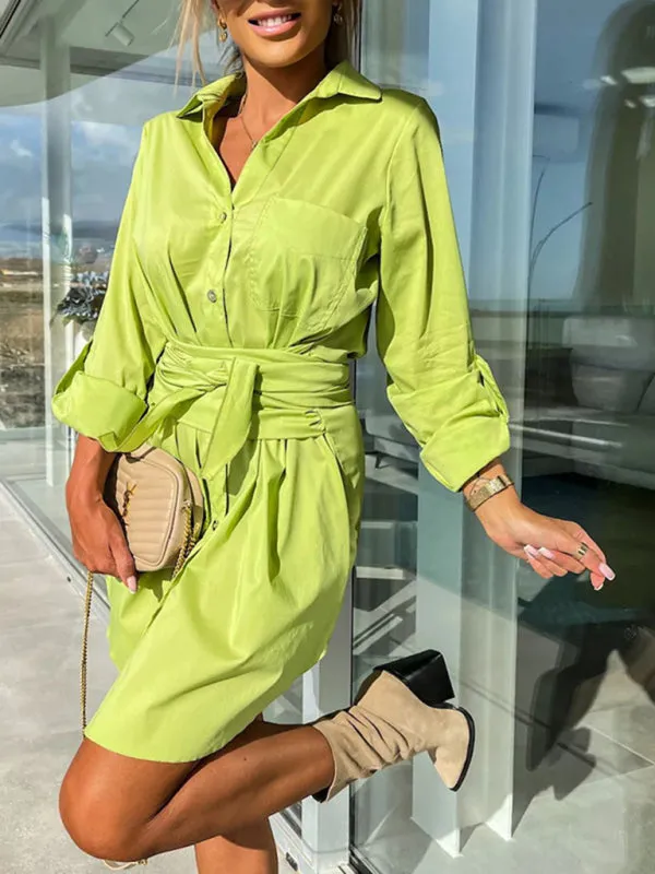Button-Down Shirt Dress with Tie Waist and Roll-Up Sleeves