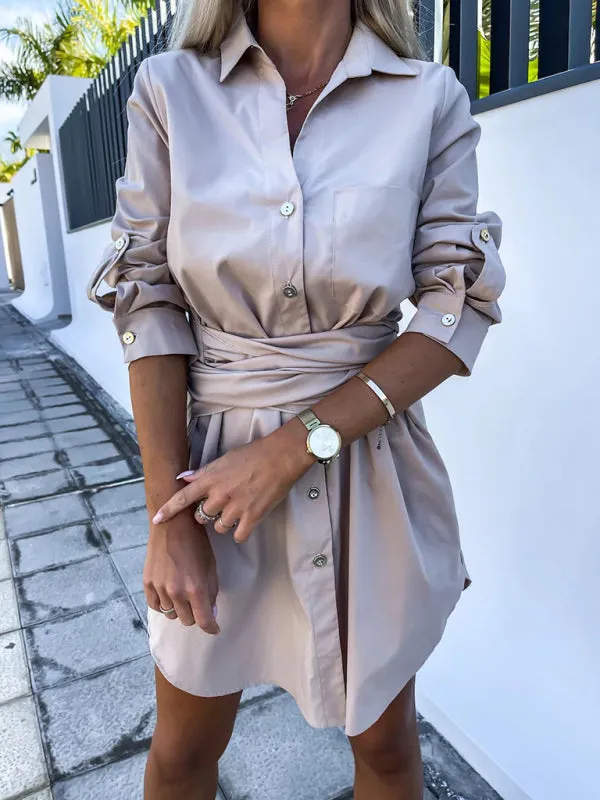 Button-Down Shirt Dress with Tie Waist and Roll-Up Sleeves