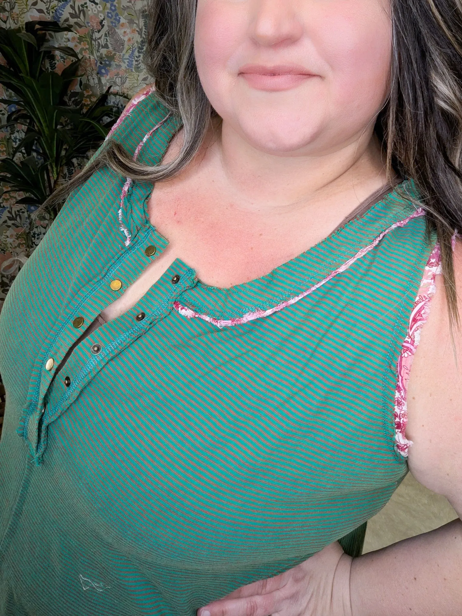 Carlie Striped Tank w/Floral Accent