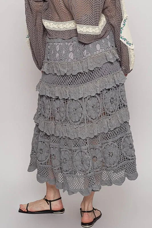 Crochet Lace Ruffled Dark Gray Midi Skirt – Romantic Elegance for Every Occasion