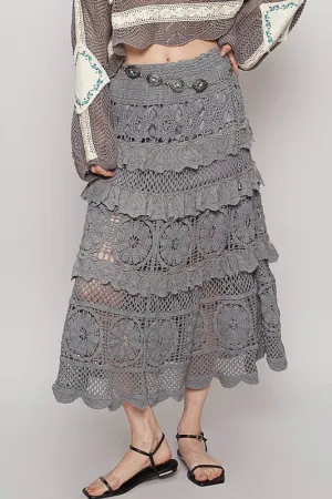 Crochet Lace Ruffled Dark Gray Midi Skirt – Romantic Elegance for Every Occasion