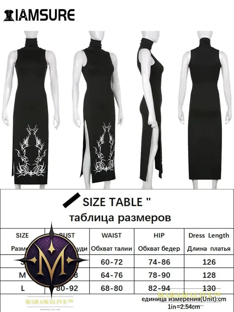 Dark Split Side Summer Dress Gothic Sexy Slim Turtleneck Sleeeveless Long Dresses For Women 2021 Party Night Club Wear