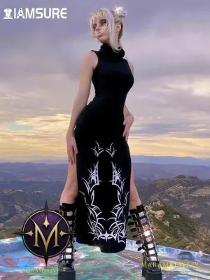 Dark Split Side Summer Dress Gothic Sexy Slim Turtleneck Sleeeveless Long Dresses For Women 2021 Party Night Club Wear