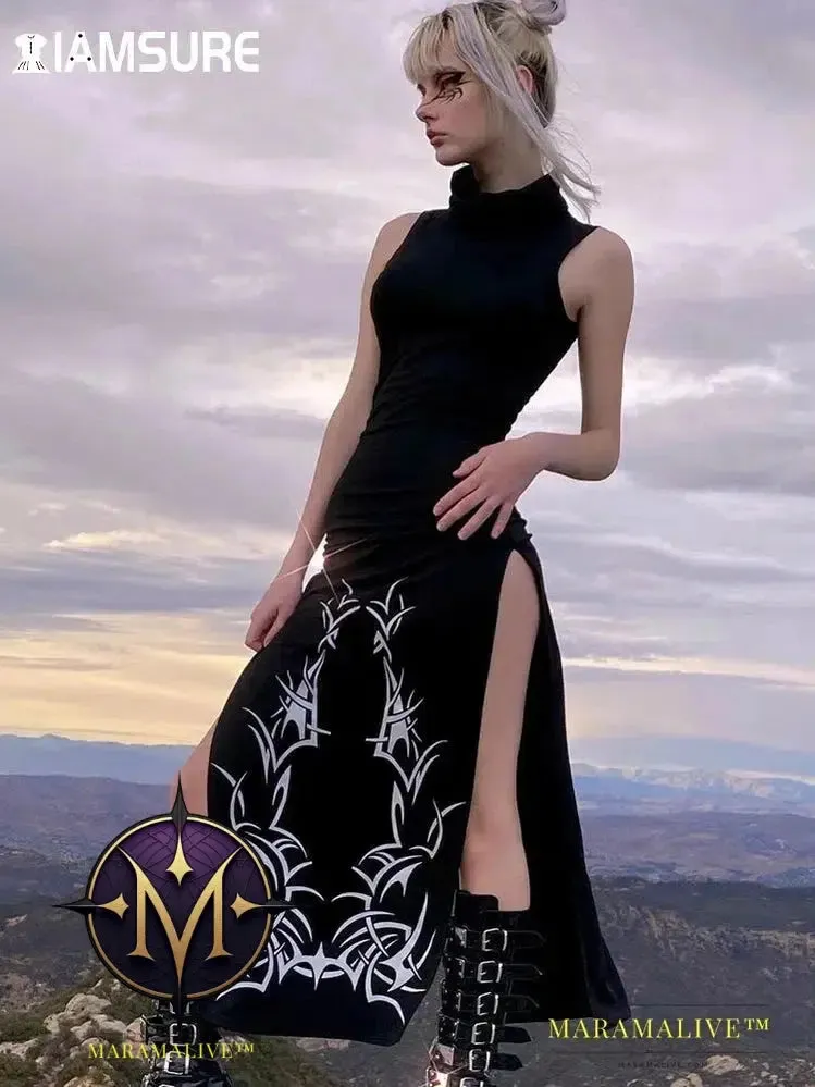 Dark Split Side Summer Dress Gothic Sexy Slim Turtleneck Sleeeveless Long Dresses For Women 2021 Party Night Club Wear