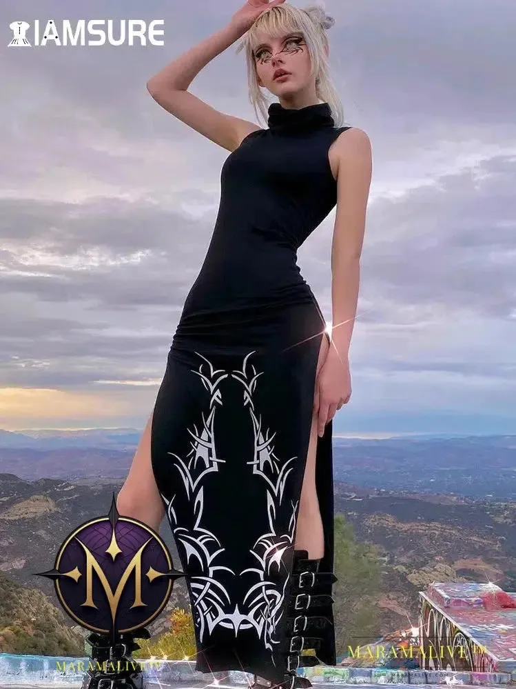Dark Split Side Summer Dress Gothic Sexy Slim Turtleneck Sleeeveless Long Dresses For Women 2021 Party Night Club Wear