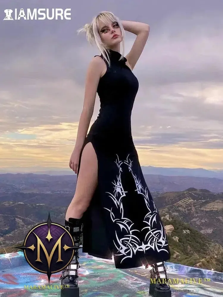 Dark Split Side Summer Dress Gothic Sexy Slim Turtleneck Sleeeveless Long Dresses For Women 2021 Party Night Club Wear