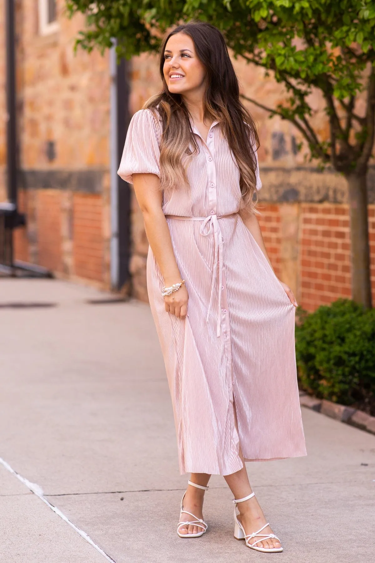 Dusty Rose Crystal Pleat Midi Shirt Dress