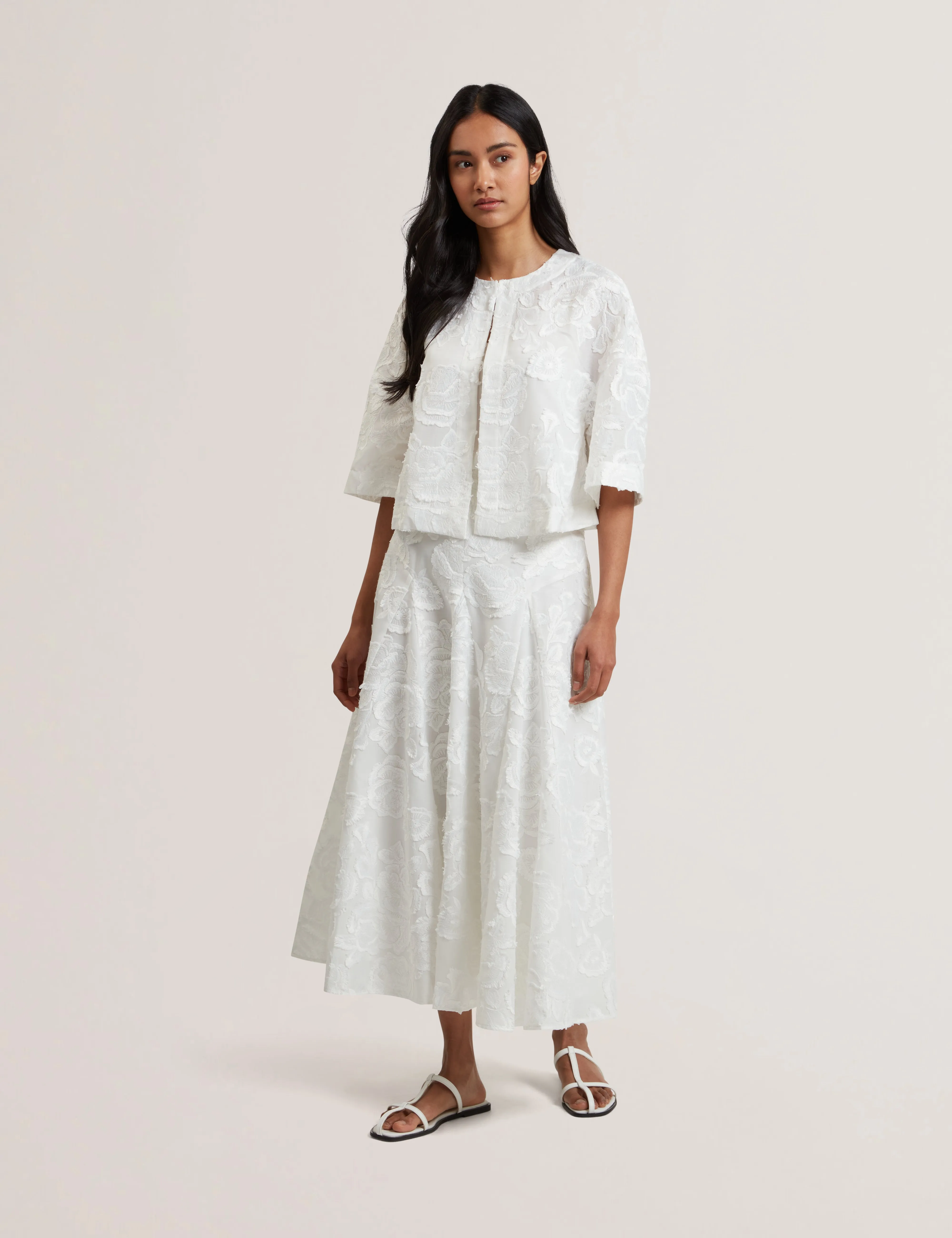 Eccrina Textured Rose Detail Midi Skirt White
