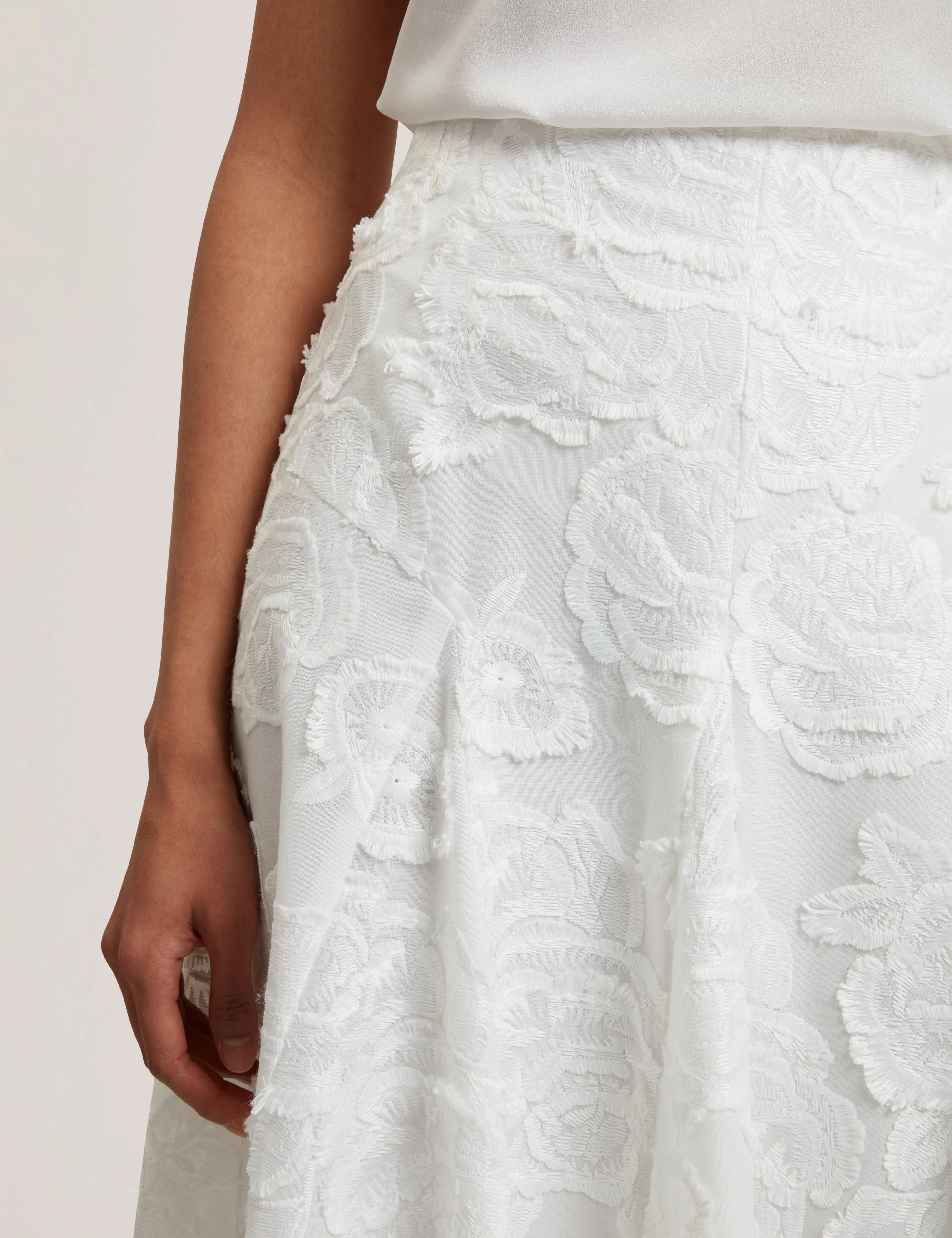 Eccrina Textured Rose Detail Midi Skirt White