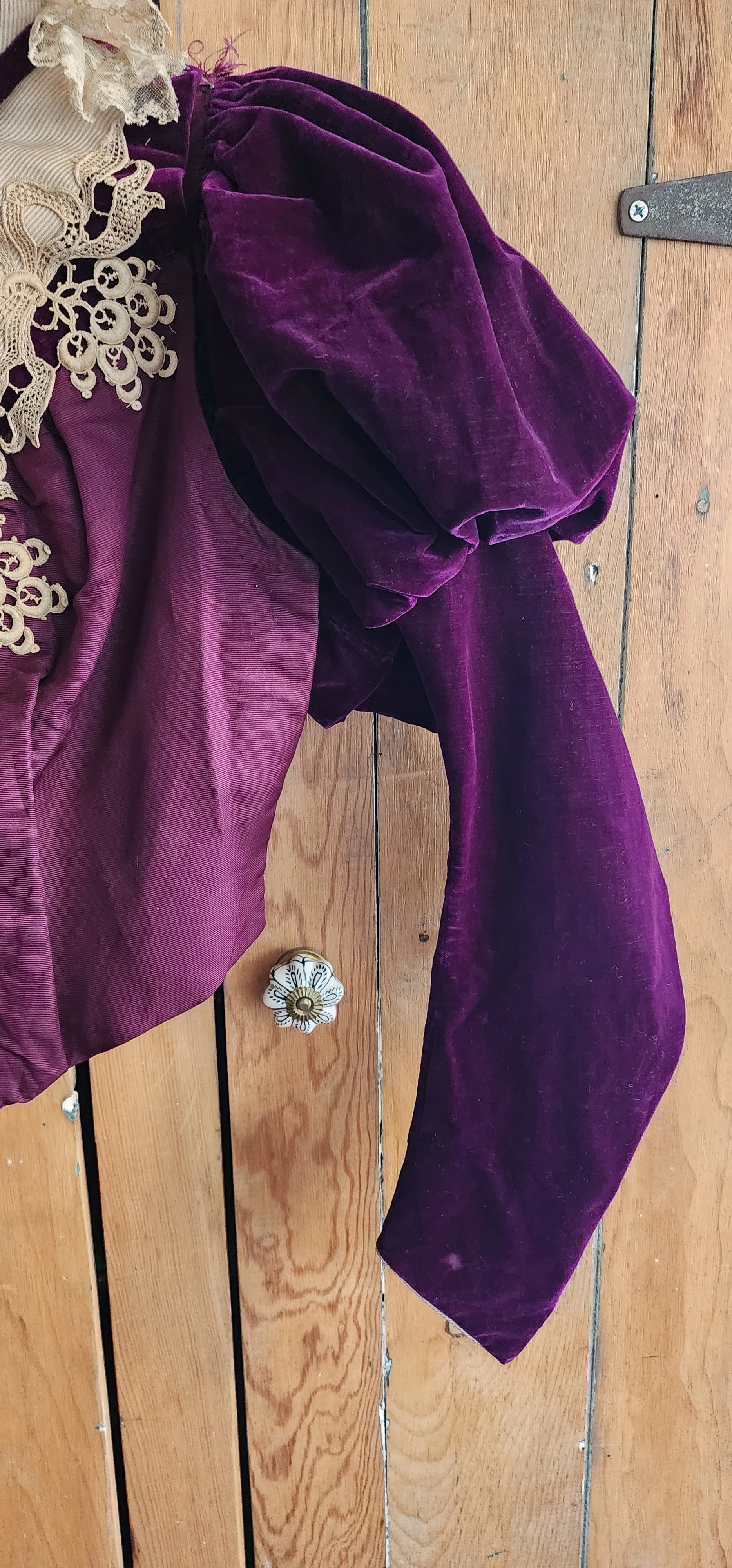 Edwardian Jacket Purple Velvet Cream Lace & Feathers