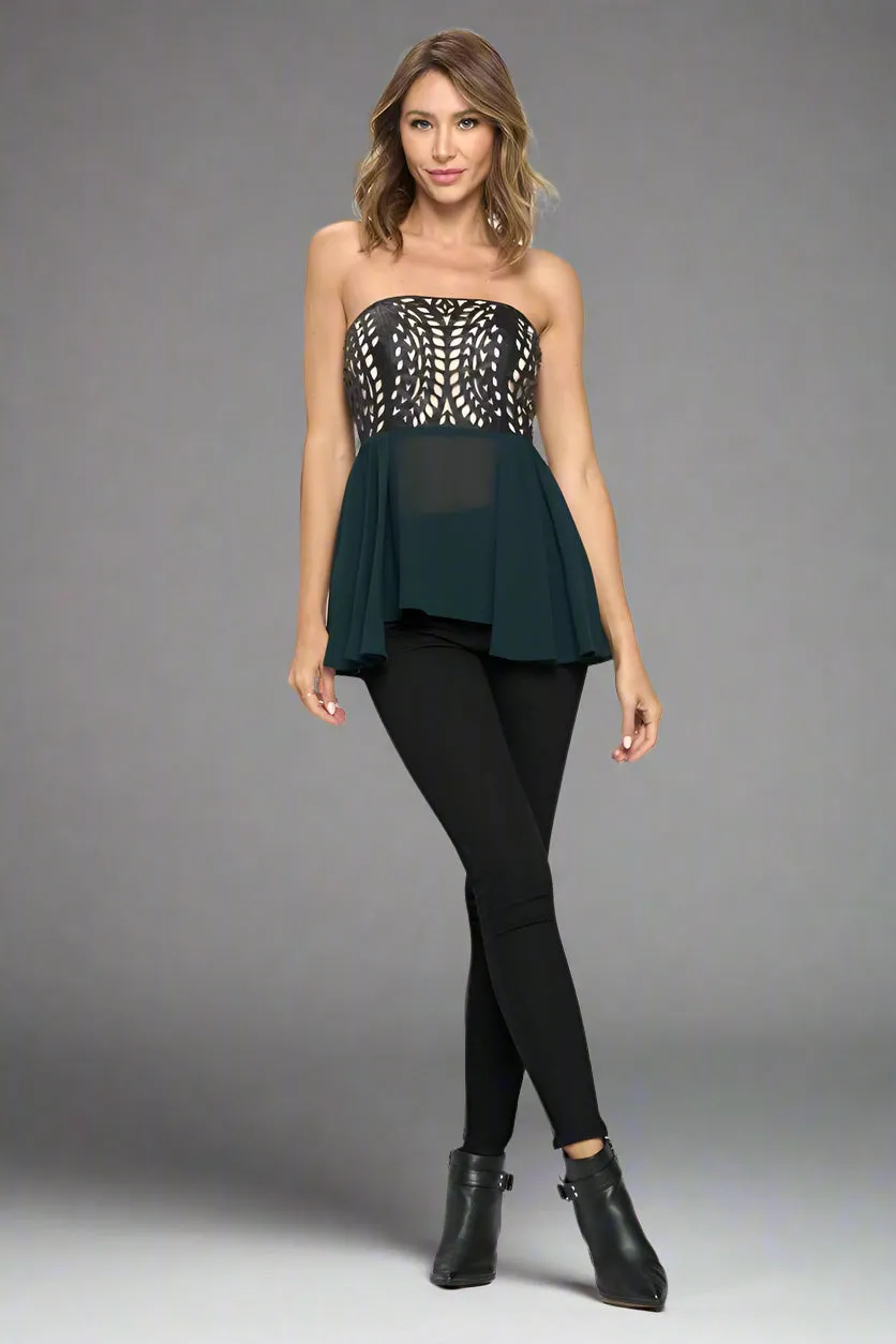 Elegant Strapless Laser-Cut Chiffon Peplum Top