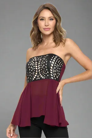 Elegant Strapless Laser-Cut Chiffon Peplum Top