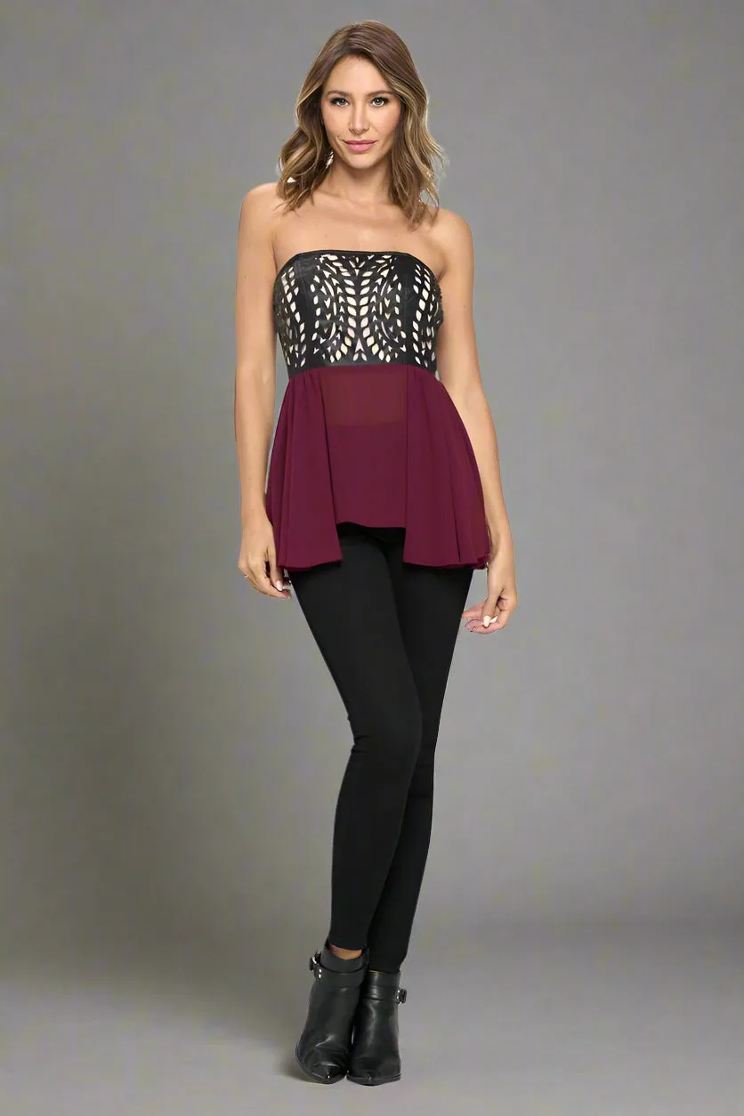 Elegant Strapless Laser-Cut Chiffon Peplum Top