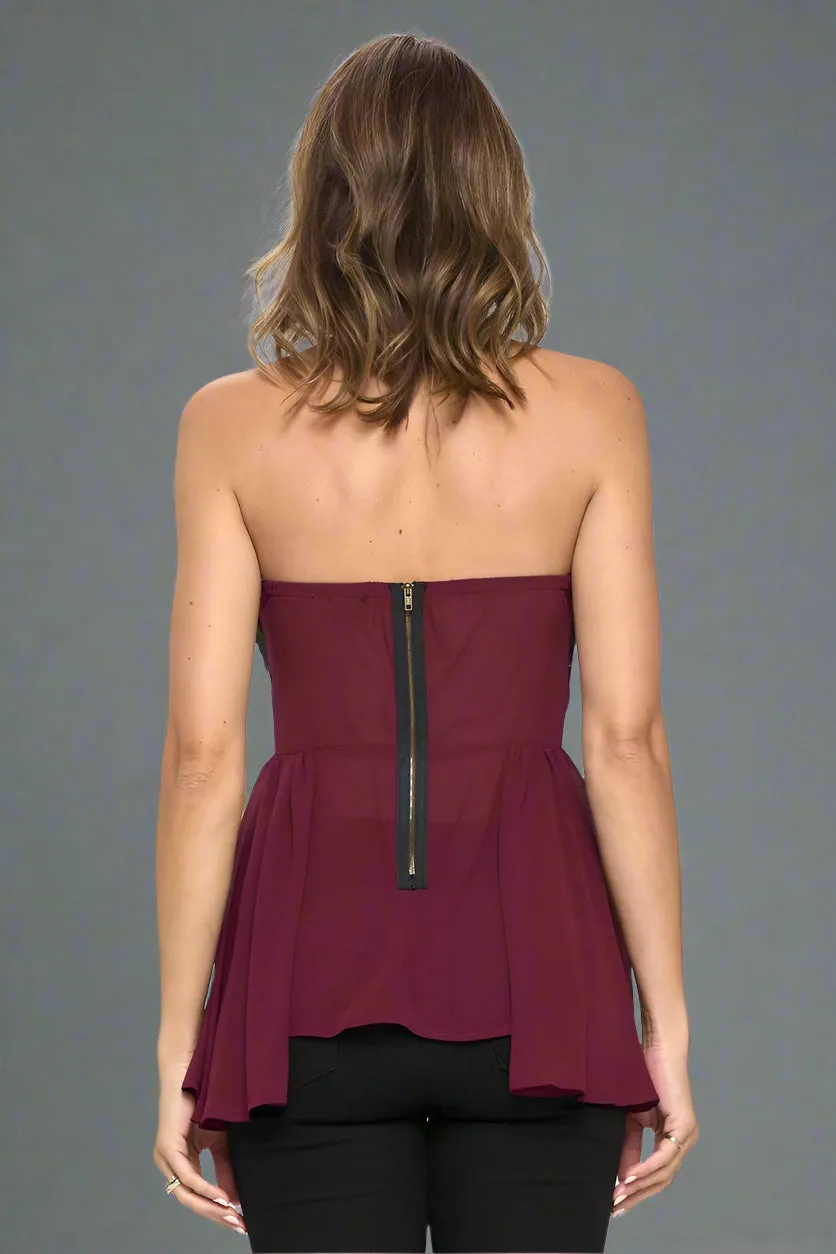 Elegant Strapless Laser-Cut Chiffon Peplum Top