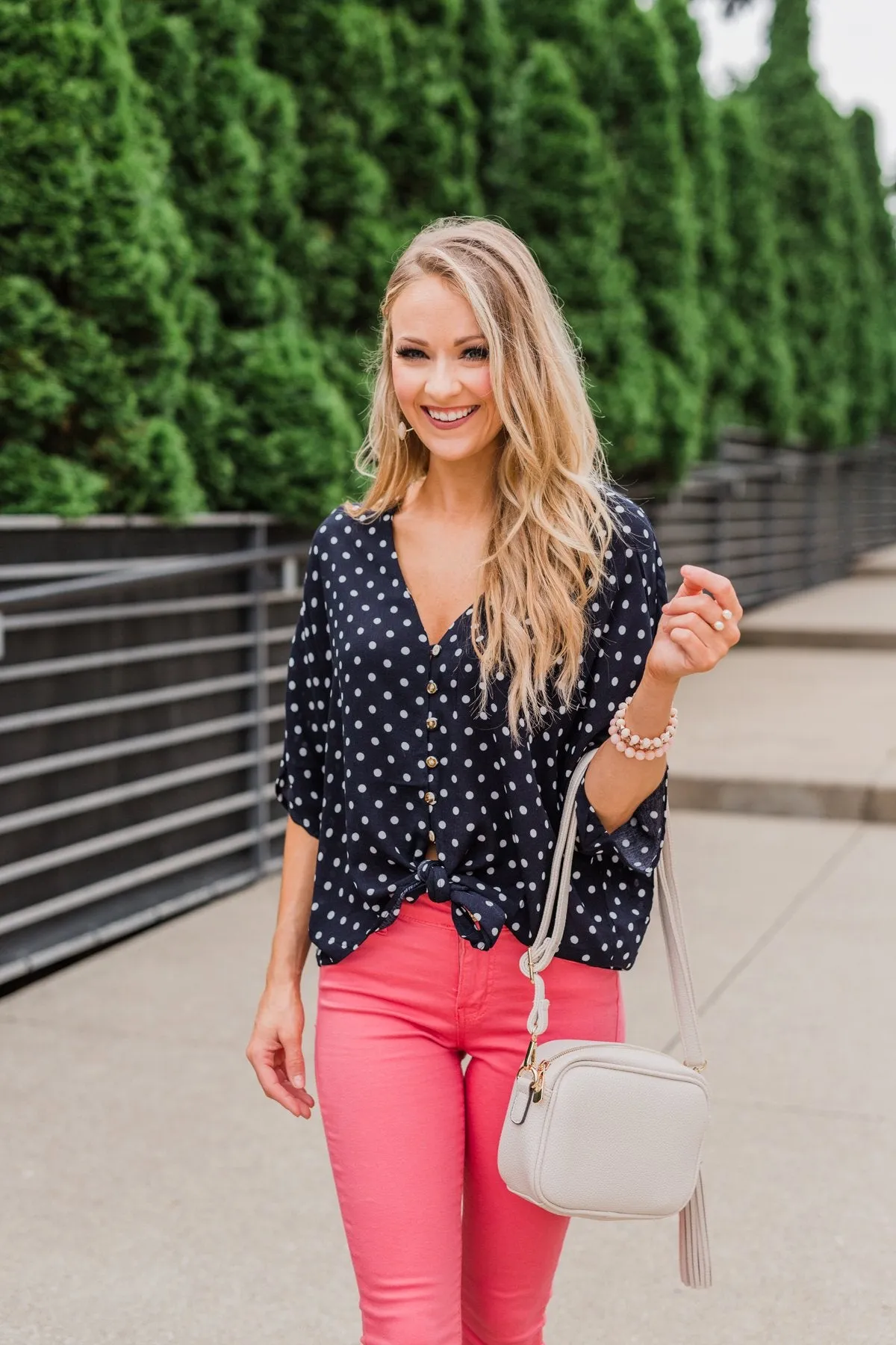 Endless Smiles Front Tie Polka Dot Top- Navy