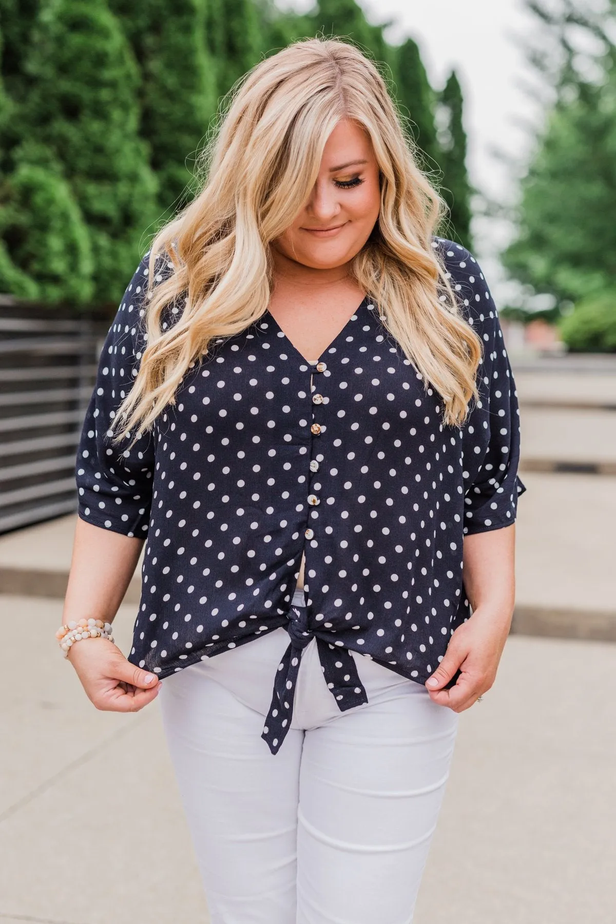 Endless Smiles Front Tie Polka Dot Top- Navy
