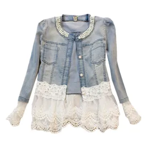 Fall Women Denim Jacket Short Vintage Beading Jeans Outerwear Slim Lace Patchwork Long-sleeve Lady Jackets