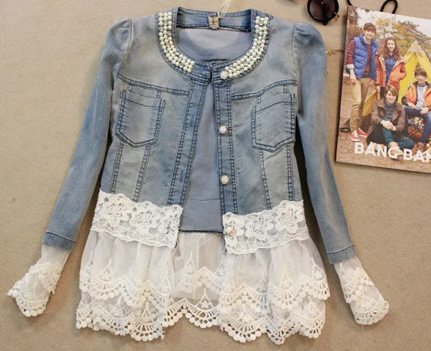 Fall Women Denim Jacket Short Vintage Beading Jeans Outerwear Slim Lace Patchwork Long-sleeve Lady Jackets