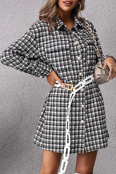 Fashion Casual Plaid Pocket Buckle Shirt Dress Dresses (Without Belt)
