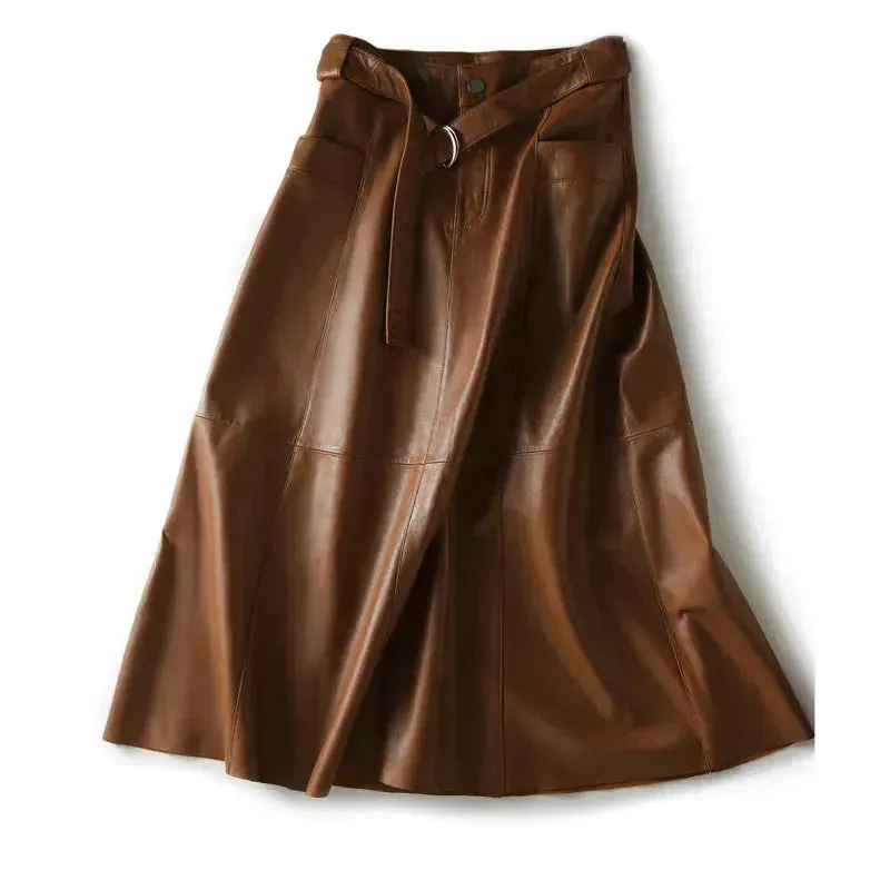 Fashion Retro All-match A- Line High Waist  Formal Office Work Midi Faux Leather Skirt