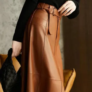 Fashion Retro All-match A- Line High Waist  Formal Office Work Midi Faux Leather Skirt