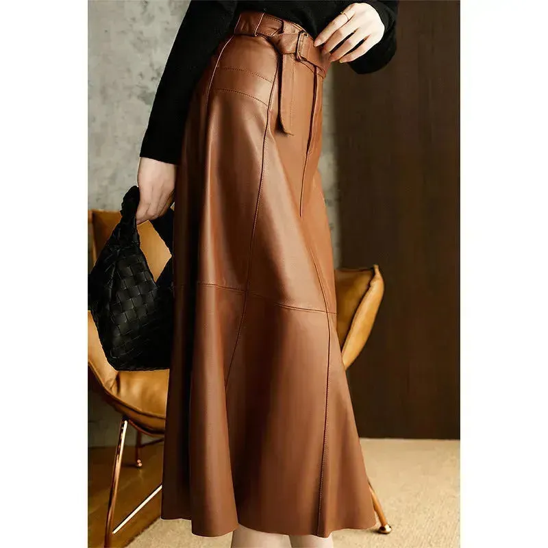 Fashion Retro All-match A- Line High Waist  Formal Office Work Midi Faux Leather Skirt