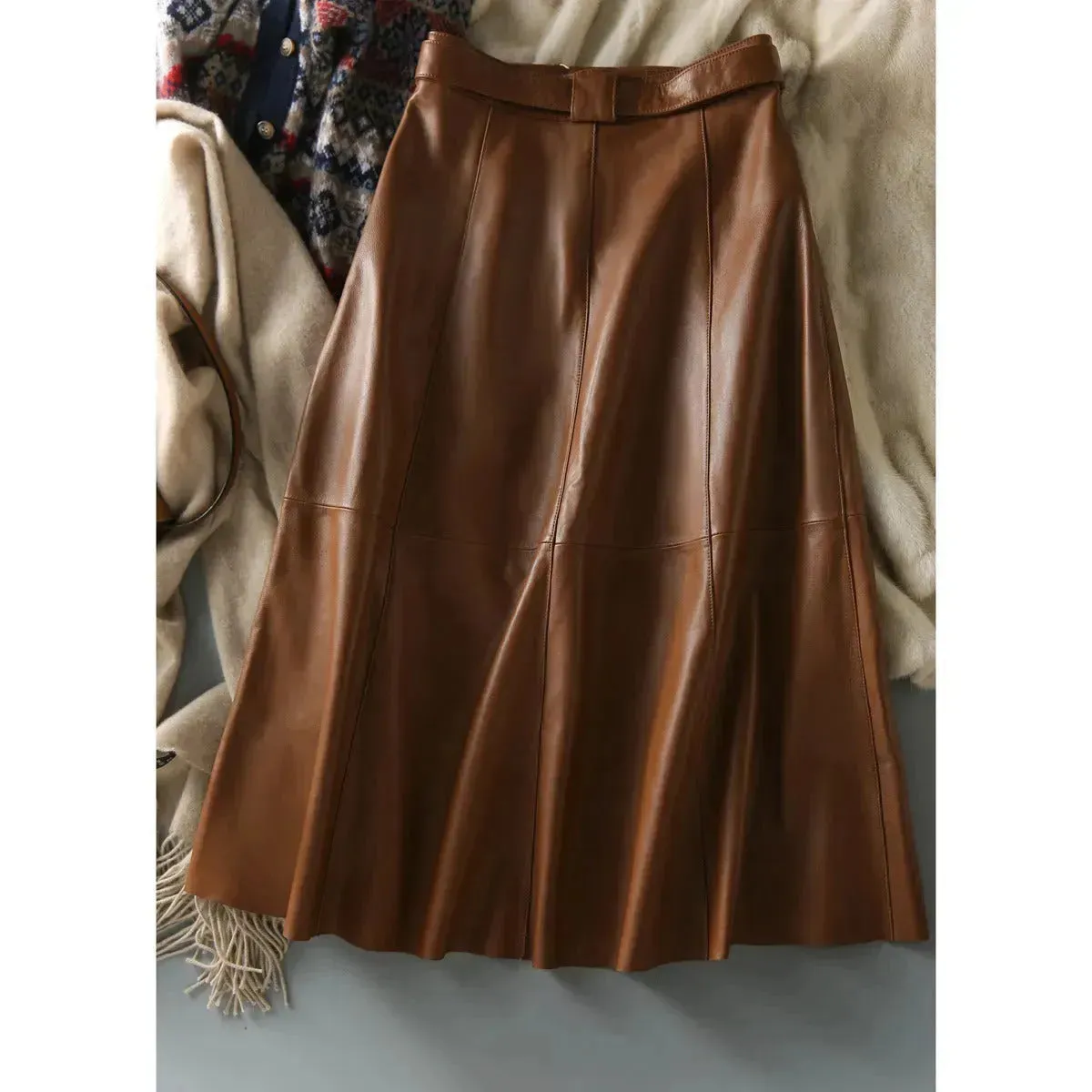 Fashion Retro All-match A- Line High Waist  Formal Office Work Midi Faux Leather Skirt