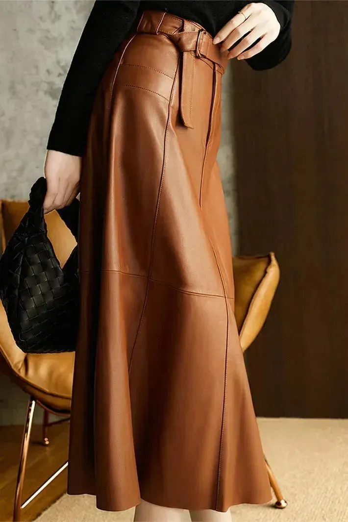 Fashion Retro All-match A- Line High Waist  Formal Office Work Midi Faux Leather Skirt