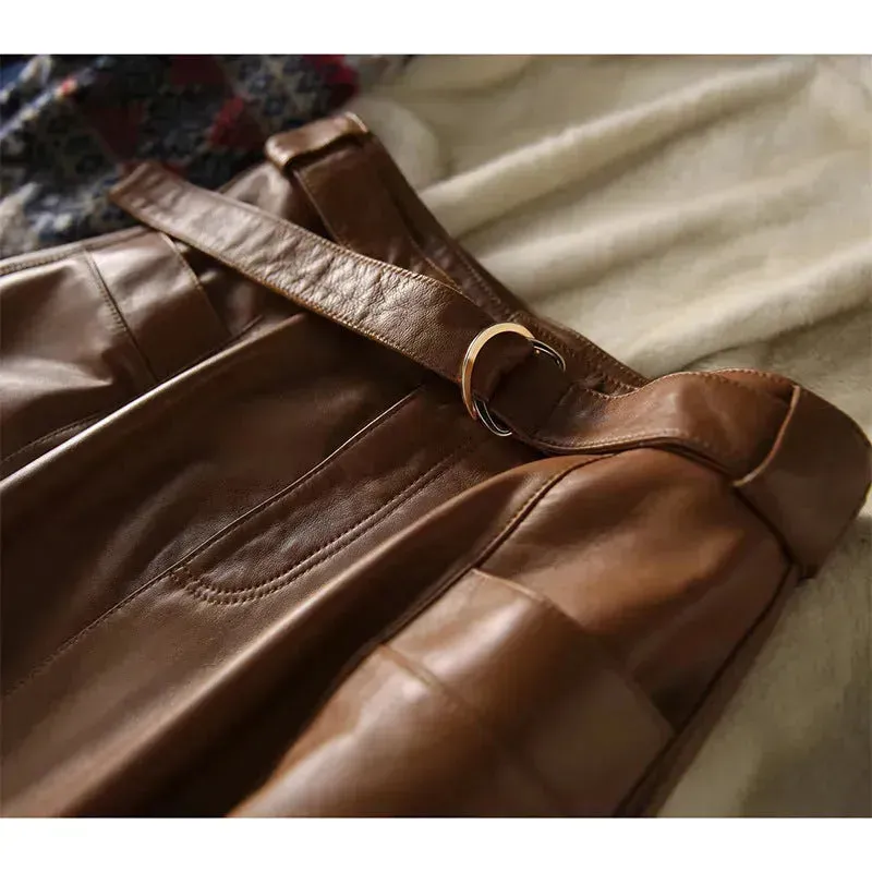 Fashion Retro All-match A- Line High Waist  Formal Office Work Midi Faux Leather Skirt
