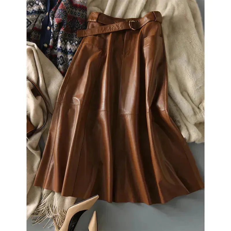 Fashion Retro All-match A- Line High Waist  Formal Office Work Midi Faux Leather Skirt