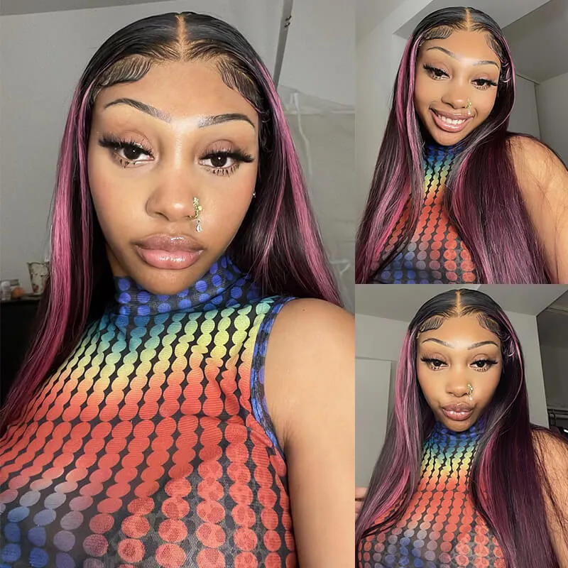 【Flash Sale】Straight Color Wigs with Red Purple Highlights - Transparent 13x4 Lace Free Part