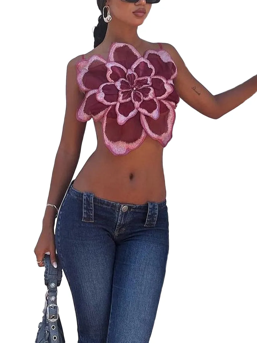 Floral Crop top Vest Ladies Fashion Sleeveless Backless Lace Flower Casual Party Streetwear Summer Y2K Festival