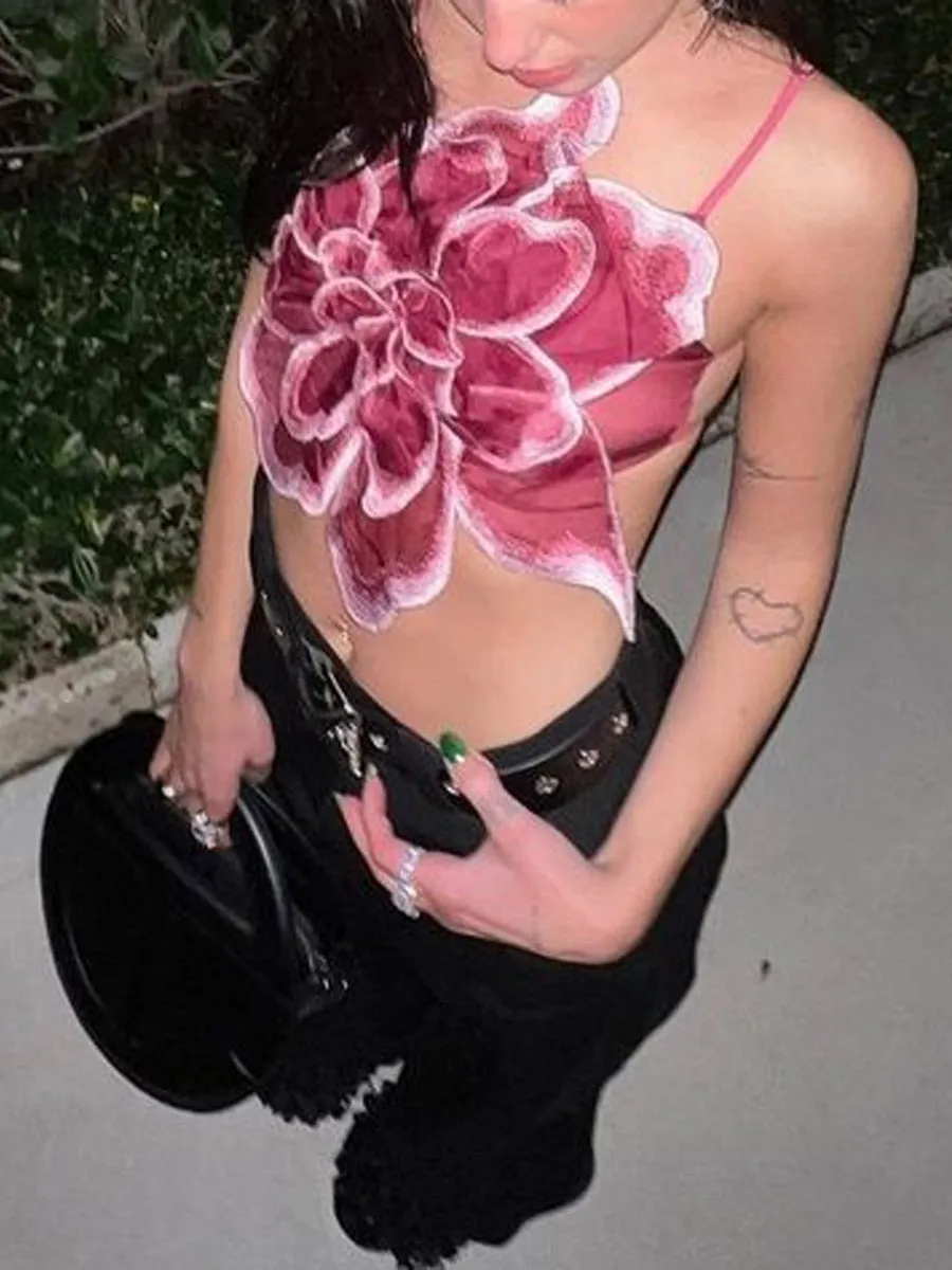 Floral Crop top Vest Ladies Fashion Sleeveless Backless Lace Flower Casual Party Streetwear Summer Y2K Festival